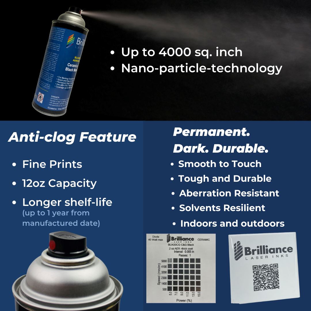 Ceramic and Glass Black Marking Spray - 12oz Aerosol Aerosol Brilliance Laser Inks