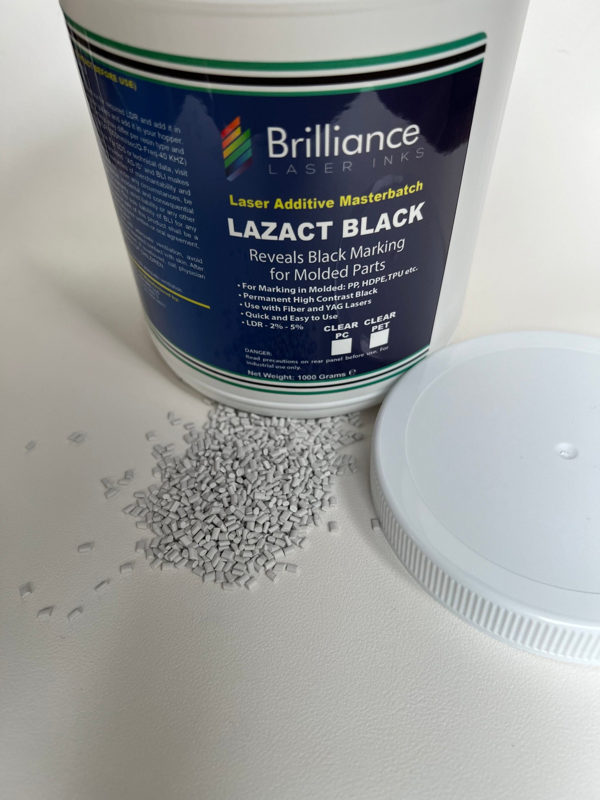 Lazact Black - Laser Activated Additive for Molded Plastic Parts- Reveals Black Permanent Marking with Fiber Laser - 1 KG - Prints Black Plastics Brilliance Laser Inks, LLC