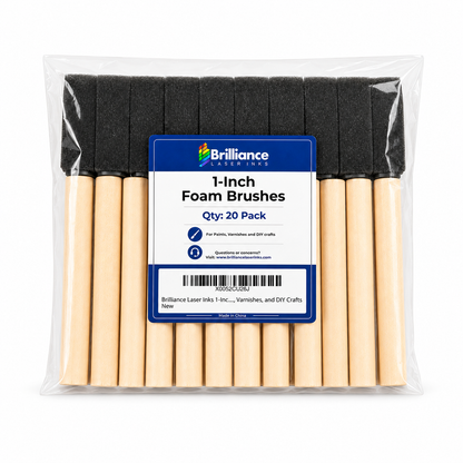 Brilliance Laser Inks 1-Inch Foam Paint Brushes, Wooden Handles, 20 Count