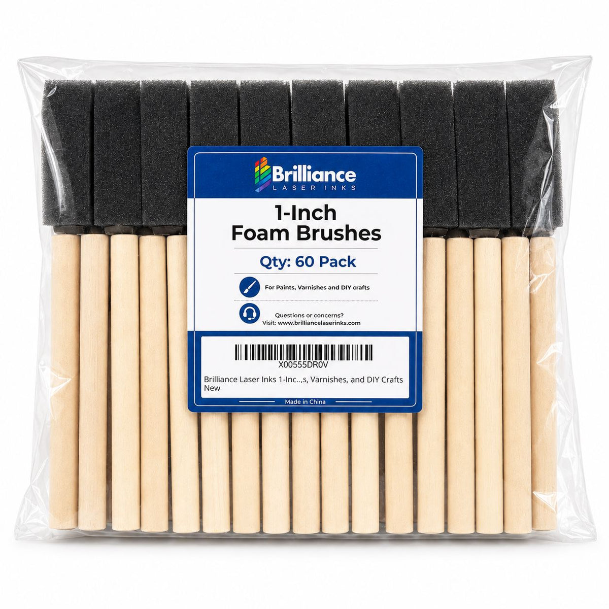 Brilliance Laser Inks 1-Inch Foam Paint Brushes, Wooden Handles, 60 Count Brilliance Laser Inks 