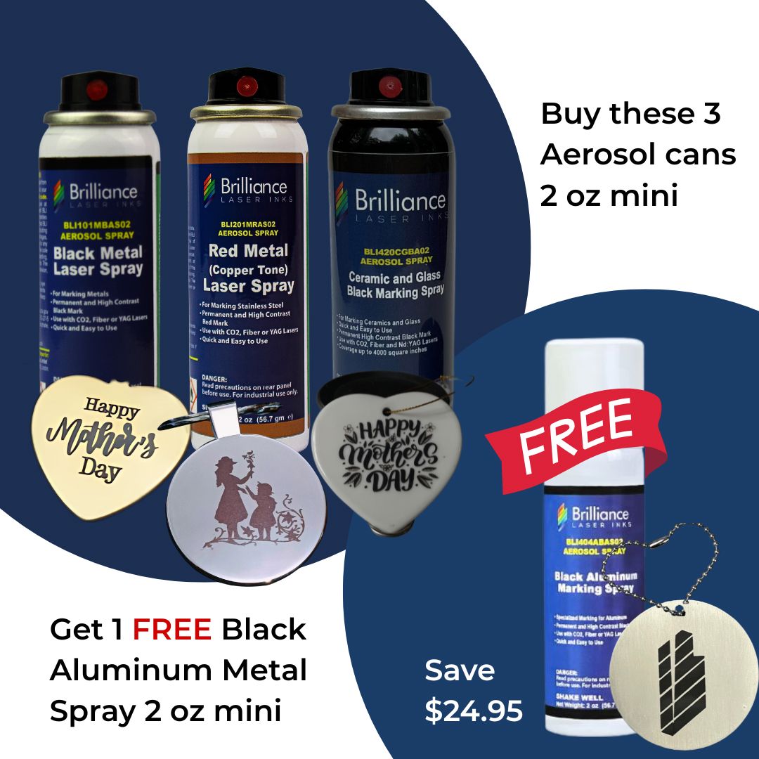 Bundle 5 - Universal Black Metal, Red (copper tone) Metal, Ceramics and Glass Black Spray 2 oz + 1 FREE Black Aluminum Metal Spray 2 oz Brilliance Laser Inks 