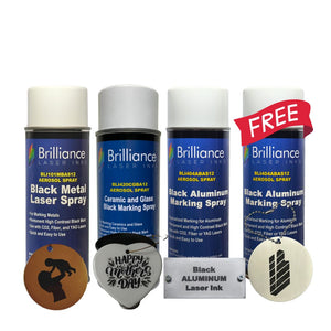 Bundle 7 - Universal Black Metal, Black Aluminum Metal, Ceramics and Glass Black Spray 12 oz + 1 FREE Black Aluminum Metal Spray 12 oz Brilliance Laser Inks 