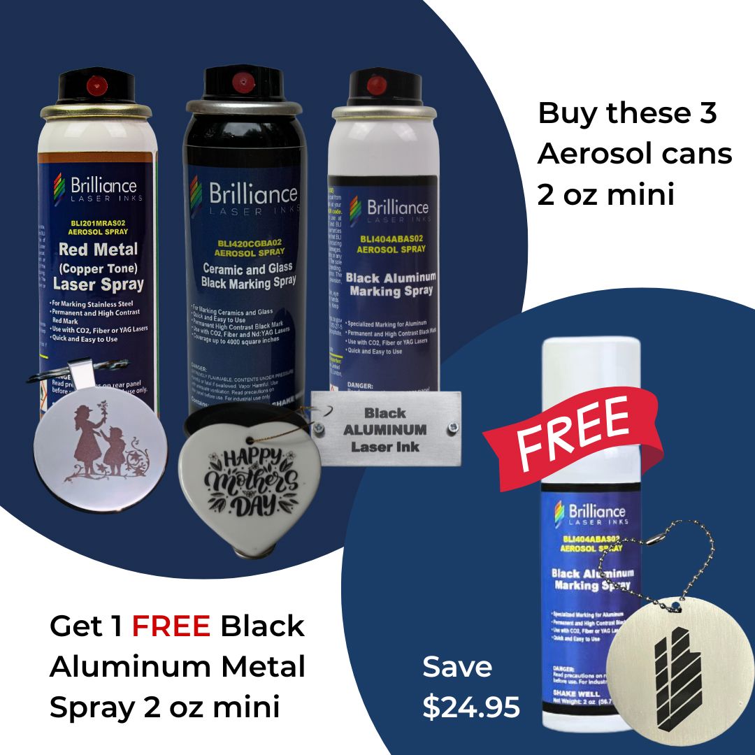 Bundle 8 - Red (copper tone) Metal, Black Aluminum Metal, Ceramics and Glass Black Spray 2 oz + 1 FREE Black Aluminum Metal Spray 2 oz Brilliance Laser Inks 