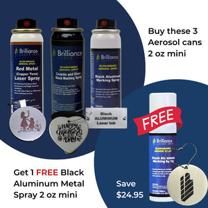Bundle 8 - Red (copper tone) Metal, Black Aluminum Metal, Ceramics and Glass Black Spray 2 oz + 1 FREE Black Aluminum Metal Spray 2 oz Brilliance Laser Inks 