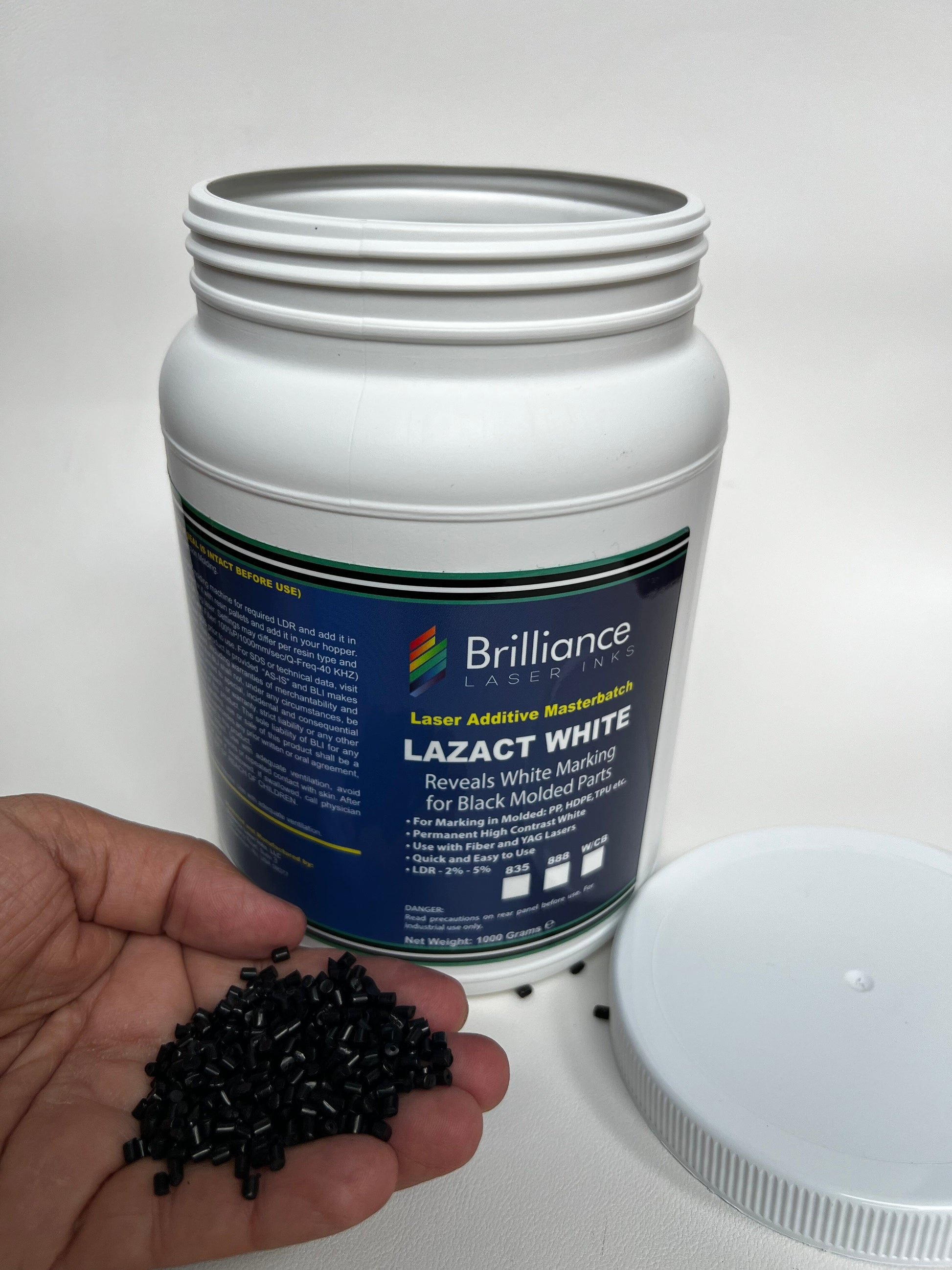 Lazact White - Laser Activated Additive for Black Color Molded Parts- Reveals White Marking - 1 KG - Prints White Plastics Brilliance Laser Inks, LLC 