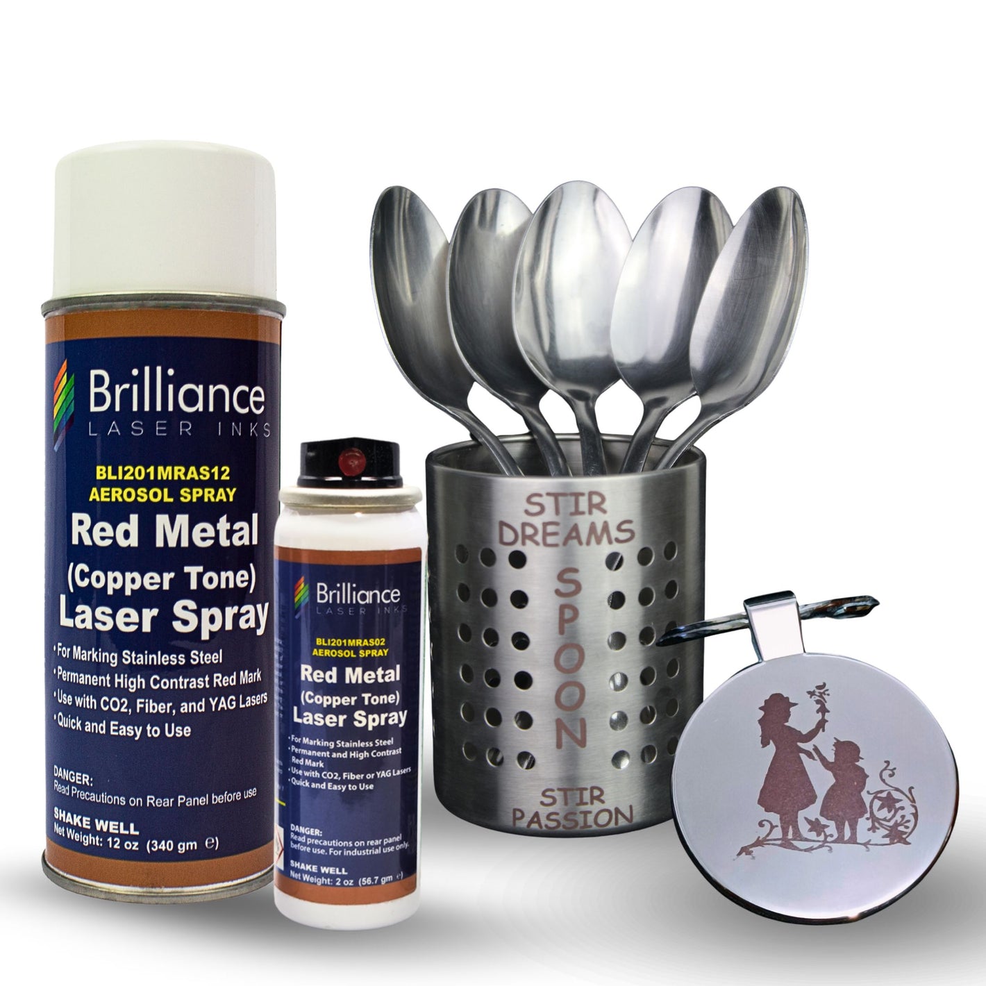 Red (Copper Tone) Stainless Steel Laser Spray - 12oz and 2oz Bundle Brilliance Laser Inks 